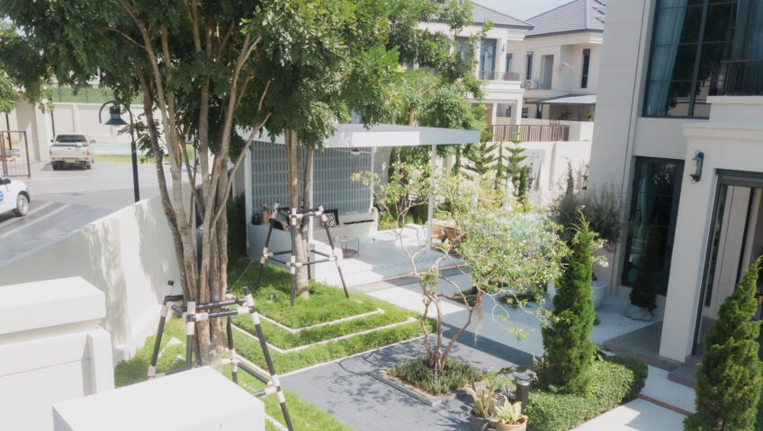 จัดสวนหน้าบ้านสไตล์โมเดิร์น ผลงานสวนลุงบุญ รับจัดสวนชลบุรี